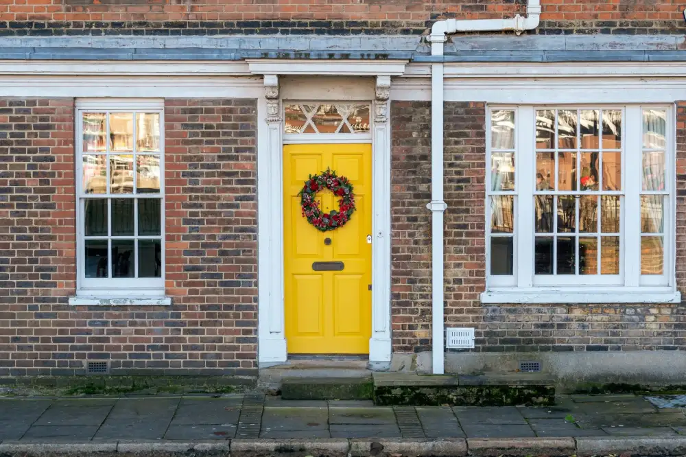 Yellow front door on a red-brick Victorian house – residential locksmith Wilmslow front door security check by Locksmith Wilmslow